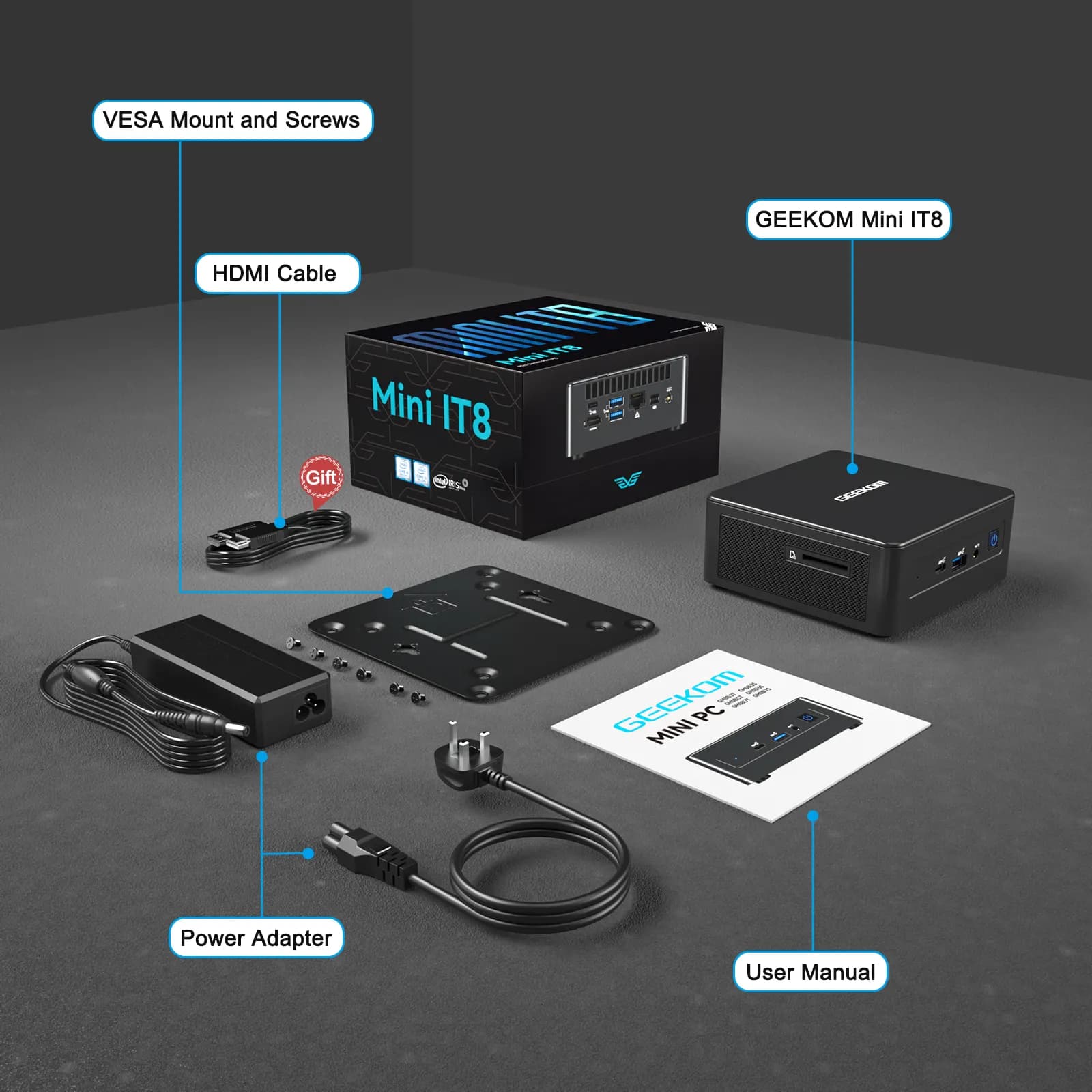 geekom mini it8 and its accessories