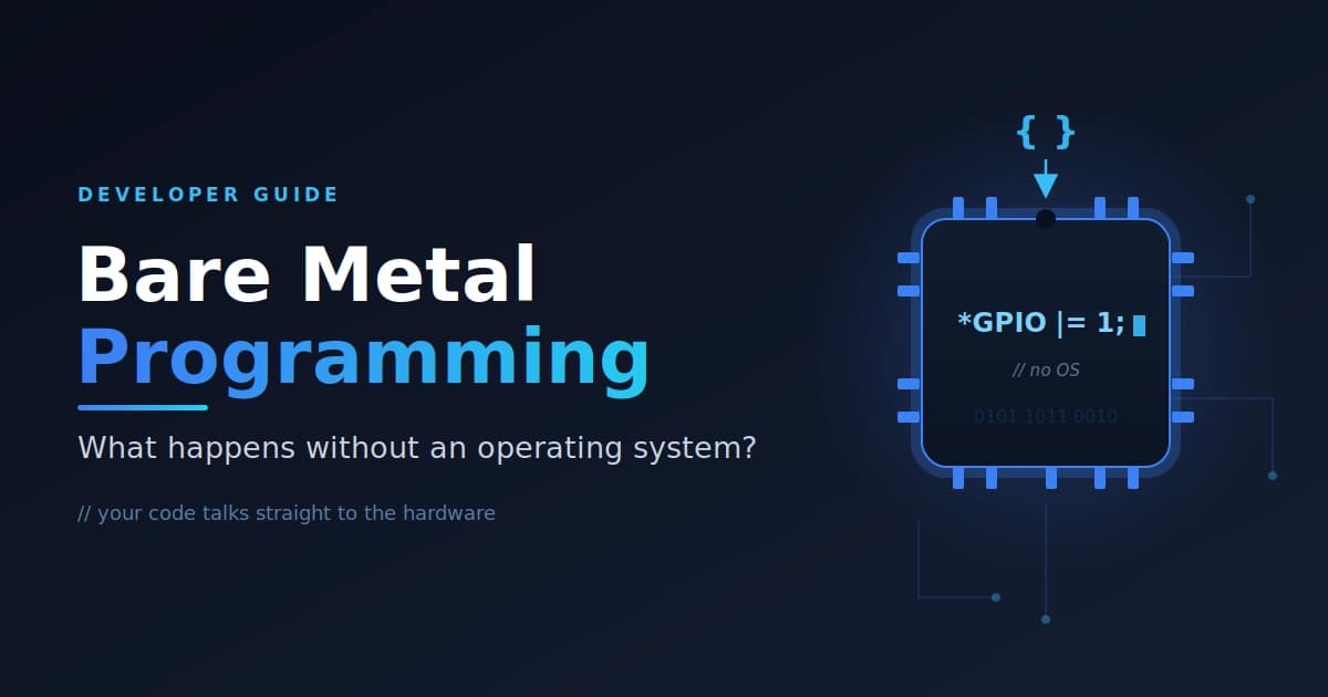 Bare metal programming featured image — code writing directly to a hardware register on a chip, with no operating system layer