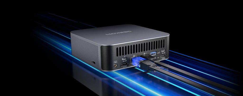 geekom mini pc connected with RJ45 cable
