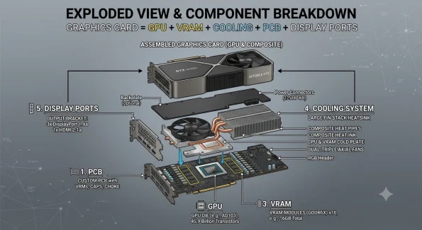 Graphics Card = GPU + VRAM + Cooling + PCB + Display Ports