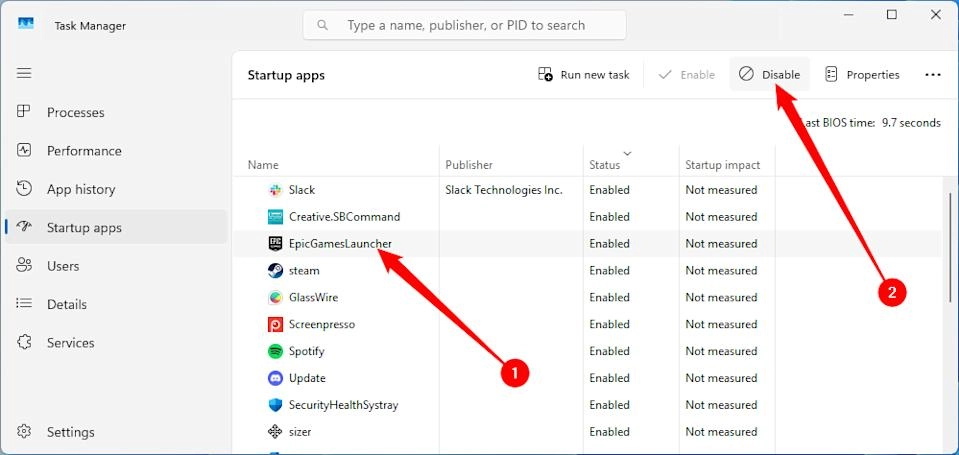 Windows 11 Task Manager showing Startup apps and startup impact